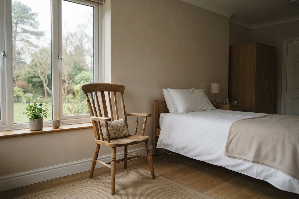 Chaise en bois vide près d'une fenêtre dans une chambre de résidence, lit fait au fond