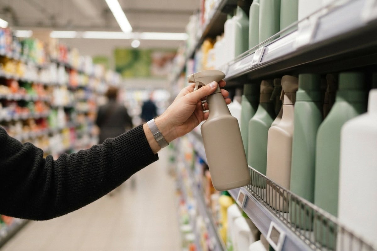 Main saisissant un flacon pulvérisateur sans étiquette sur un rayon de supermarché