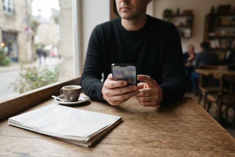 Homme tenant un smartphone à l'écran flouté à la table d'un café, près d'un journal plié et d'une tasse de café.