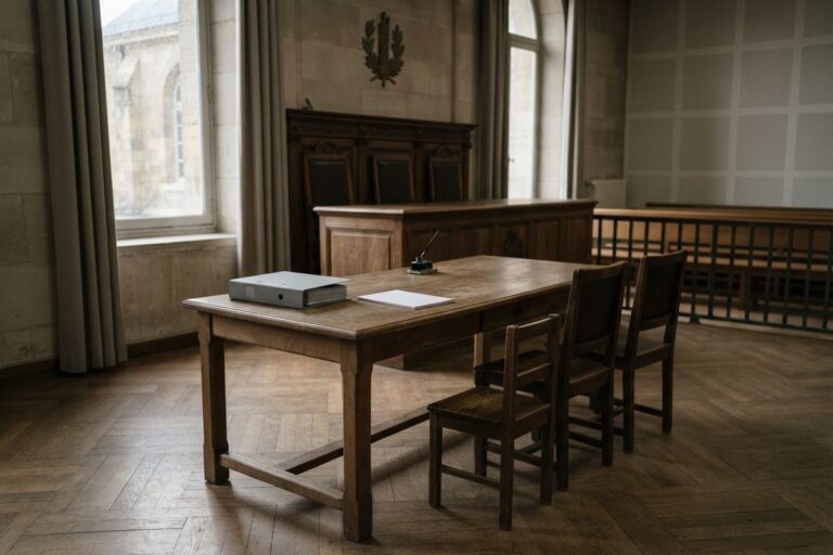 Salle d'audience vide avec une grande table en bois, un classeur, des chaises et l'estrade du juge en arrière-plan