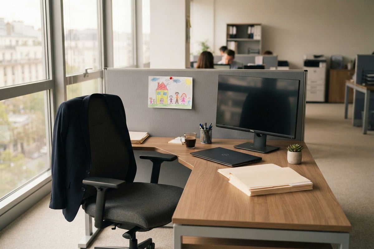 Bureau vide dans un open space, veste posée sur la chaise et dessin d'enfant punaisé sur la cloison