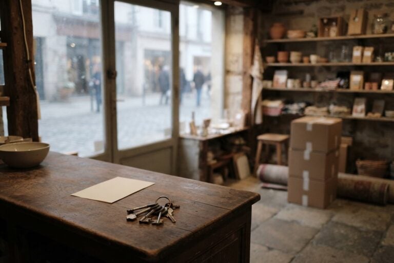 Trousseau de clés et feuille blanche posés sur le comptoir en bois d'une boutique, cartons empilés au fond