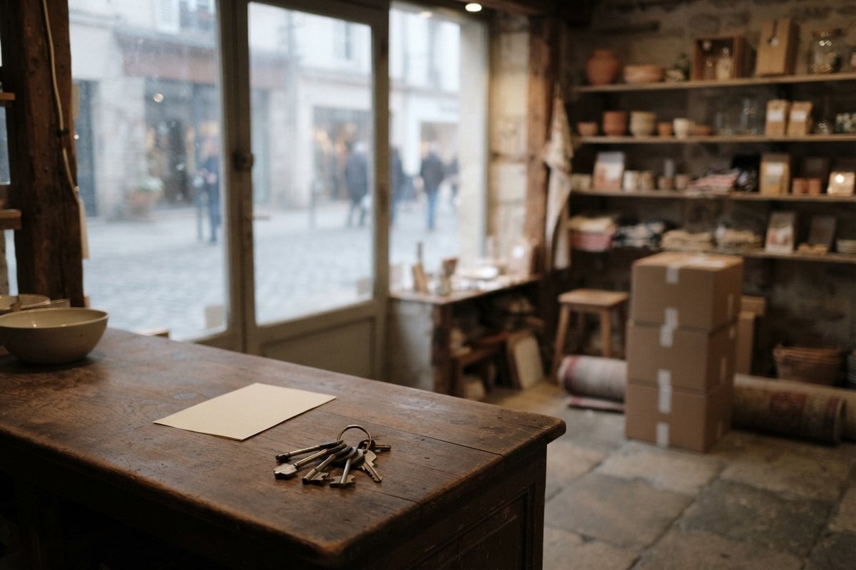 Trousseau de clés et feuille blanche posés sur le comptoir en bois d'une boutique, cartons empilés au fond