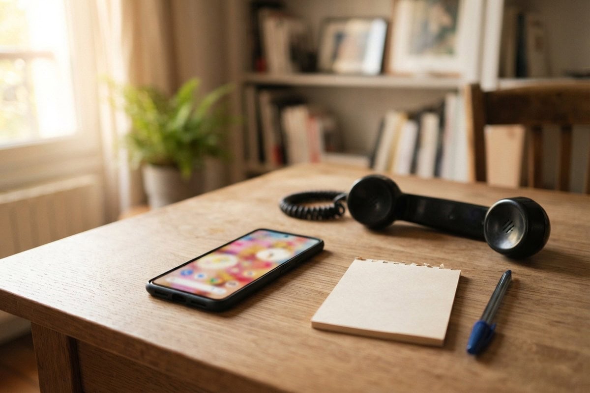 Smartphone posé sur une table en bois à côté d'un combiné téléphonique noir, d'un bloc-notes vierge et d'un stylo