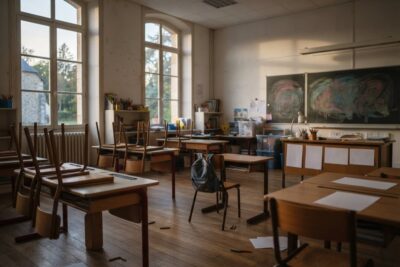 Salle de classe vide en fin de journée, chaises retournées sur les tables et cartable posé sur une chaise