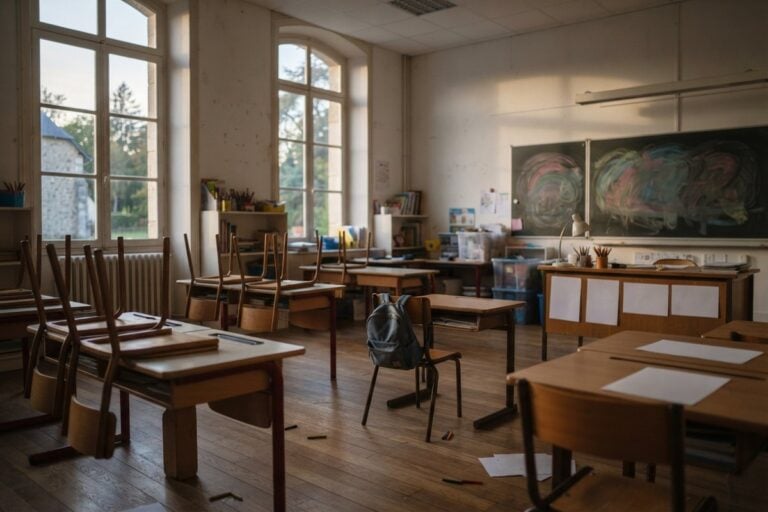 Salle de classe vide en fin de journée, chaises retournées sur les tables et cartable posé sur une chaise