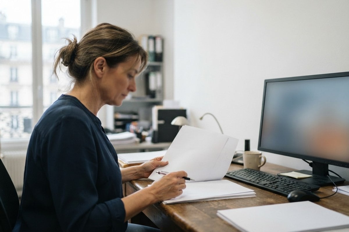 Une femme assise à un bureau relit des documents papier, un écran d'ordinateur et un clavier à côté d'elle