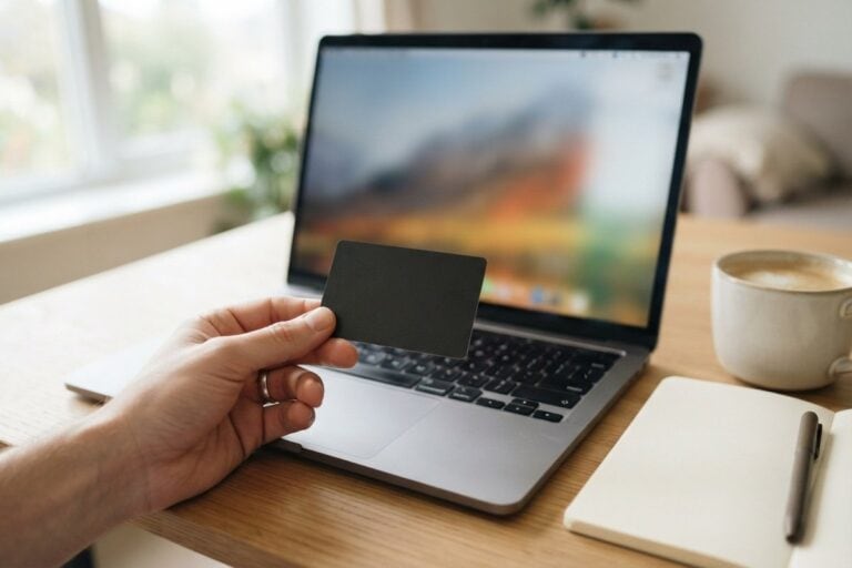 Main tenant une carte bancaire sans marque devant un ordinateur portable posé sur une table en bois