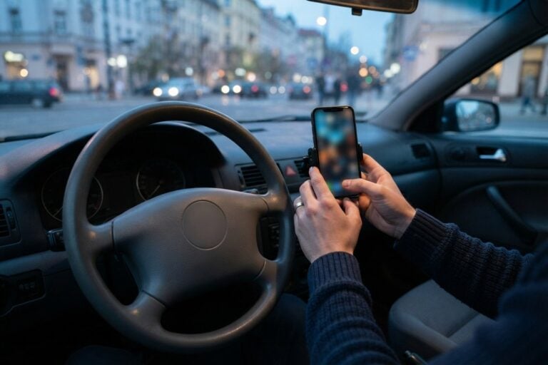 Mains d'un conducteur tenant un smartphone dans une voiture à l'arrêt, rue urbaine au crépuscule