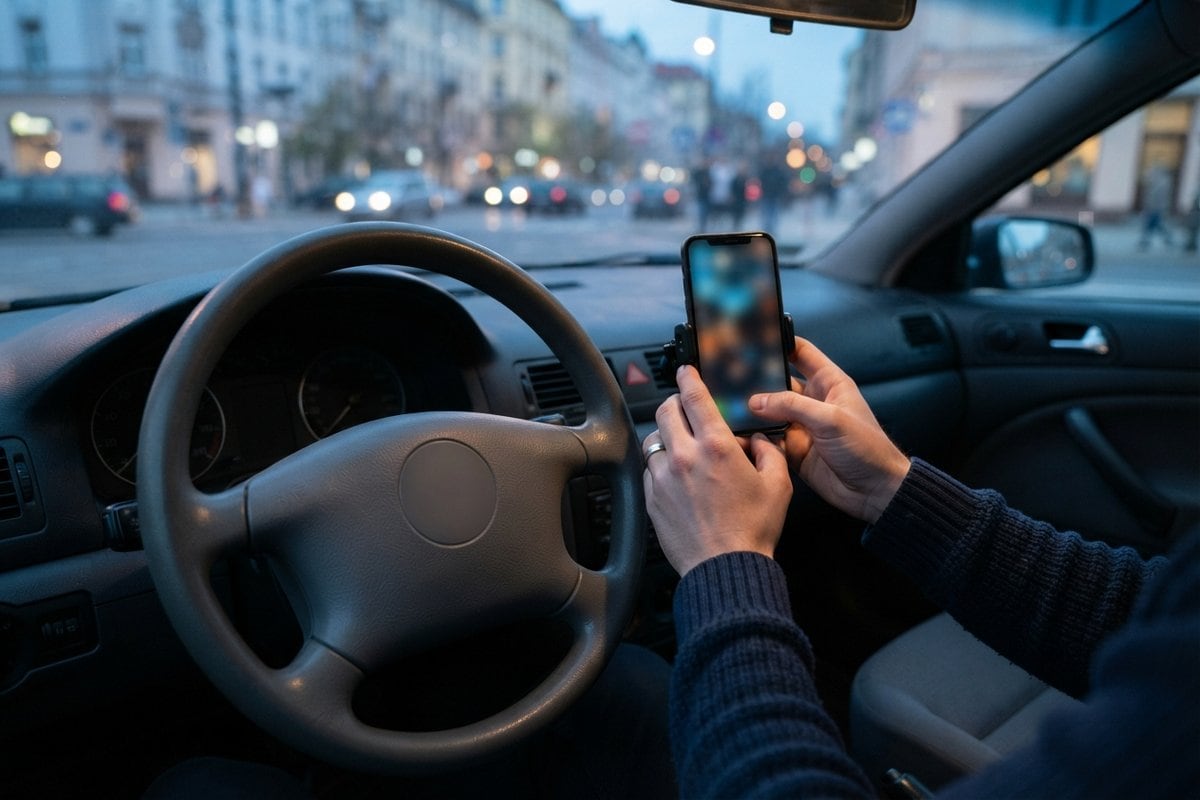 Mains d'un conducteur tenant un smartphone dans une voiture à l'arrêt, rue urbaine au crépuscule