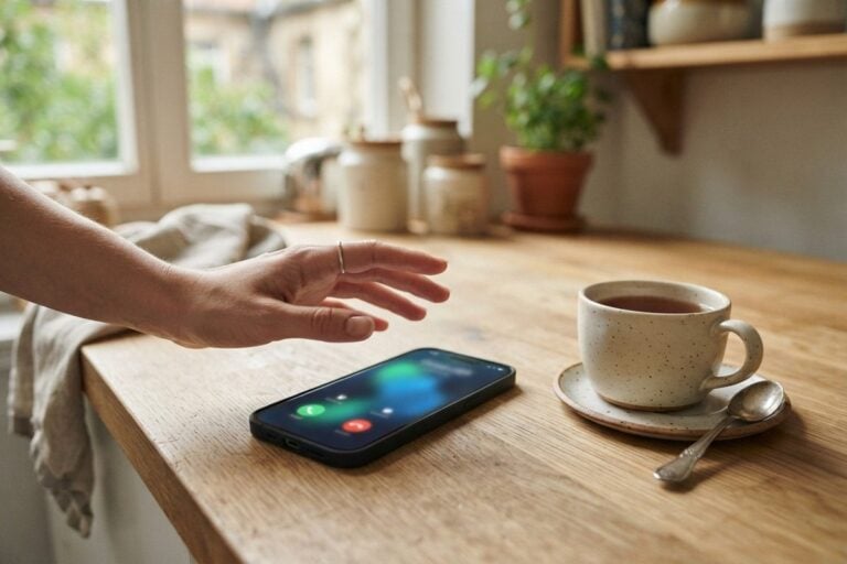 Main suspendue au-dessus d'un smartphone posé sur un plan de travail, écran affichant un appel entrant