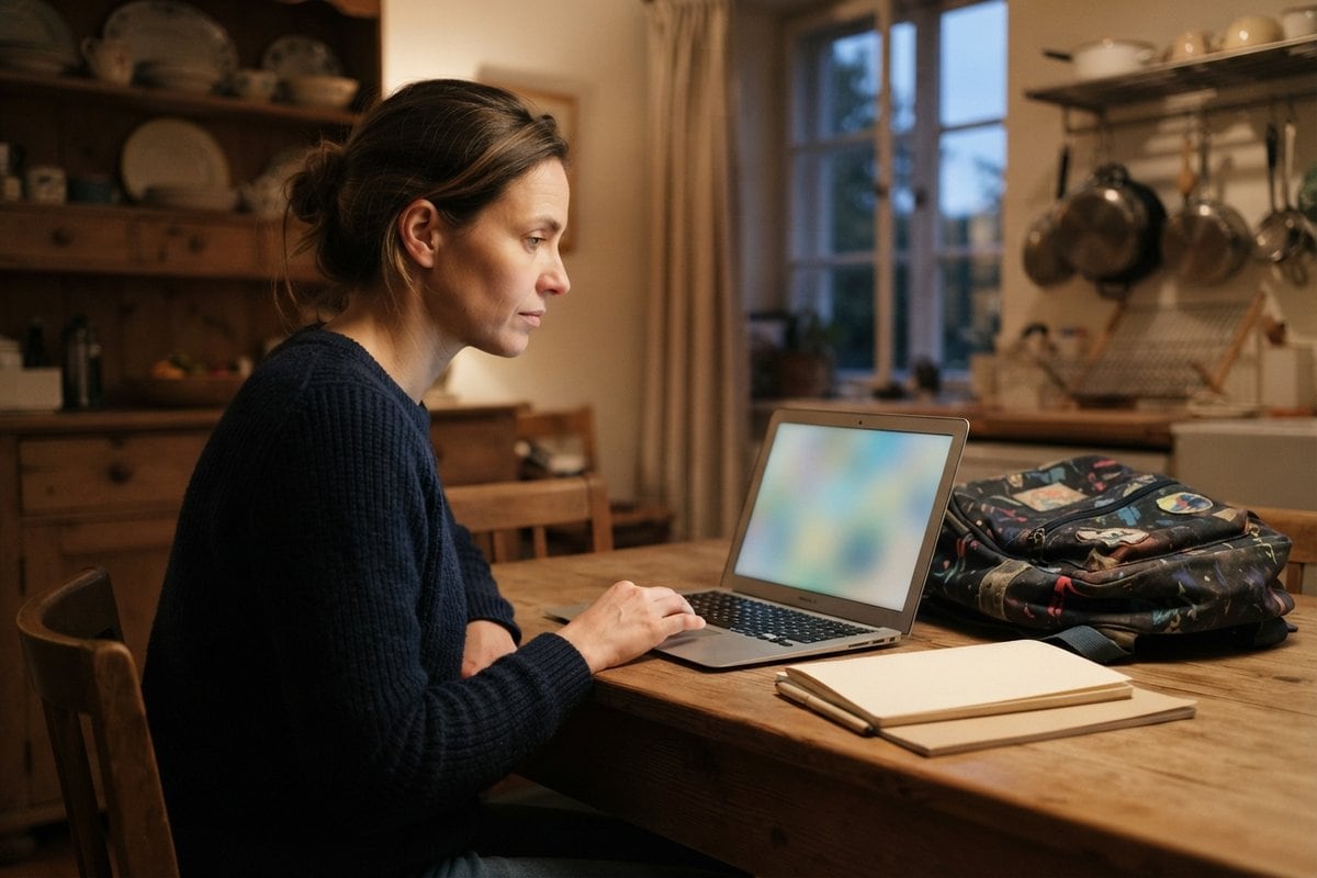 Femme devant un ordinateur portable à l'écran flouté, sur une table de cuisine, à côté d'un cartable et d'un cahier ouvert.