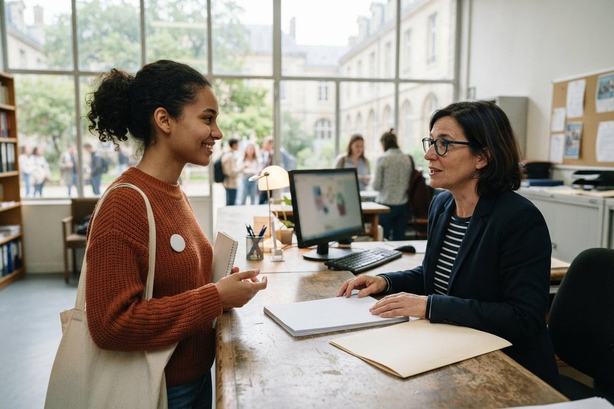 Une étudiante échange avec une employée administrative derrière un comptoir d'accueil universitaire