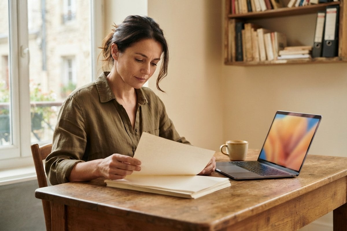 Femme assise à une table en bois, feuilletant une pile de feuilles vierges à côté d'un ordinateur portable ouvert