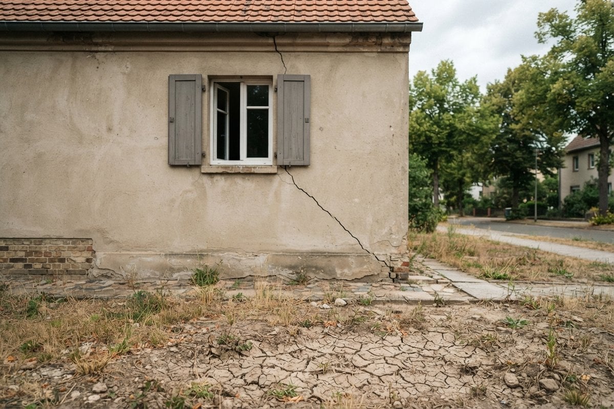 Fissure diagonale sur la façade beige d'une maison, au-dessus d'un sol argileux craquelé par la sécheresse.