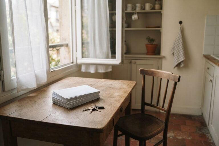Pile d'enveloppes blanches et trousseau de clés sur une table en bois, dans une cuisine éclairée par la fenêtre
