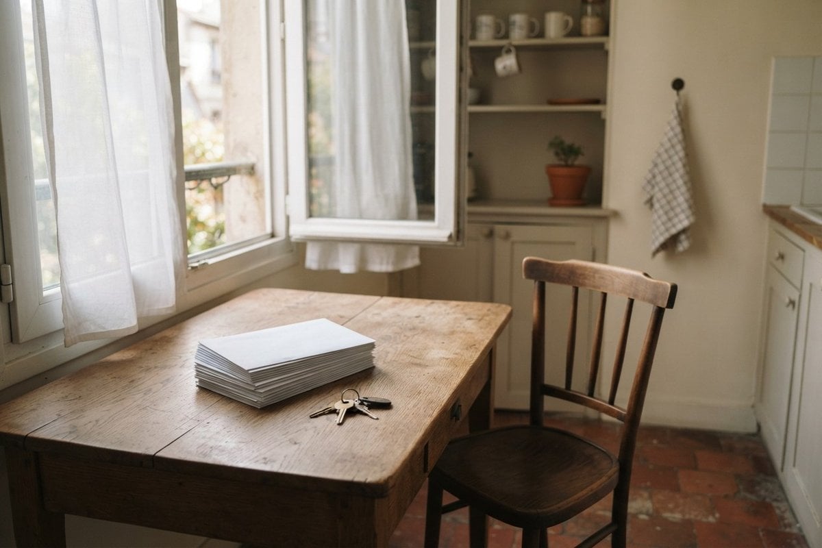 Pile d'enveloppes blanches et trousseau de clés sur une table en bois, dans une cuisine éclairée par la fenêtre