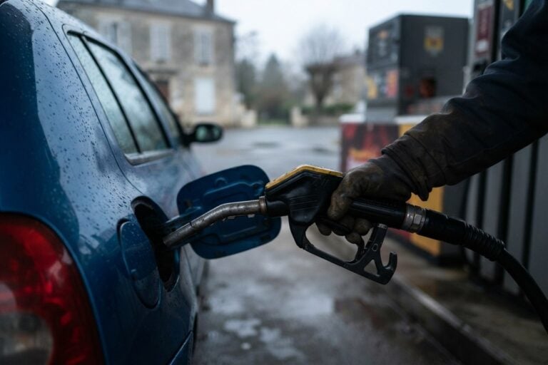 Une main gantée tient un pistolet à carburant inséré dans le réservoir d'une voiture bleue, sous un ciel gris.
