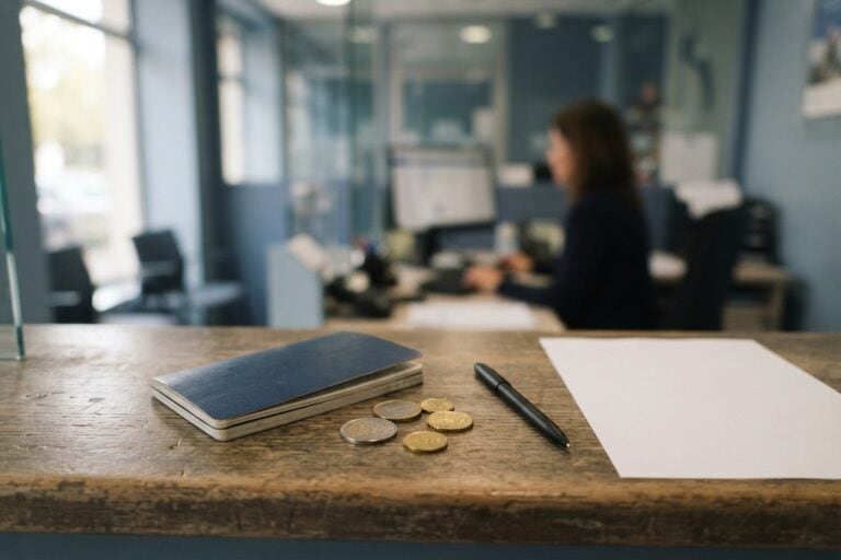 Livret d'épargne bleu, pièces en euros et stylo posés sur le comptoir en bois d'une agence bancaire