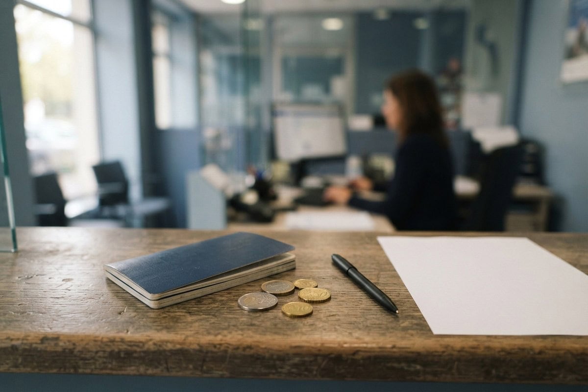 Livret d'épargne bleu, pièces en euros et stylo posés sur le comptoir en bois d'une agence bancaire