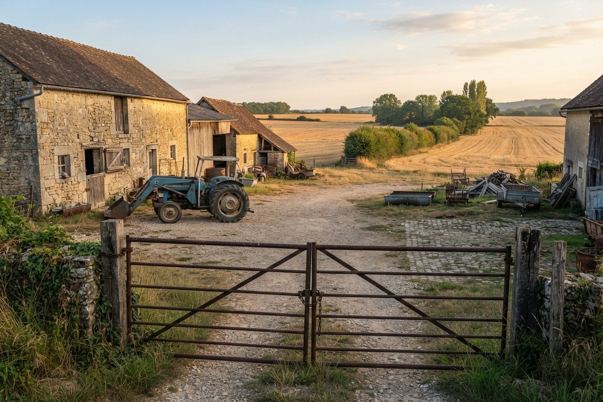 Portail métallique fermé à l'entrée d'une cour de ferme, tracteur et bâtiments en pierre, champs moissonnés au fond