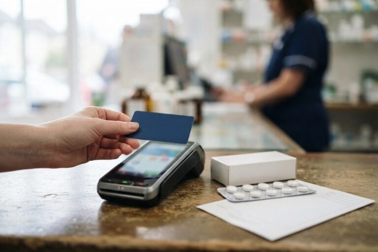 Une main approche une carte bancaire d'un terminal de paiement sur le comptoir d'une pharmacie.