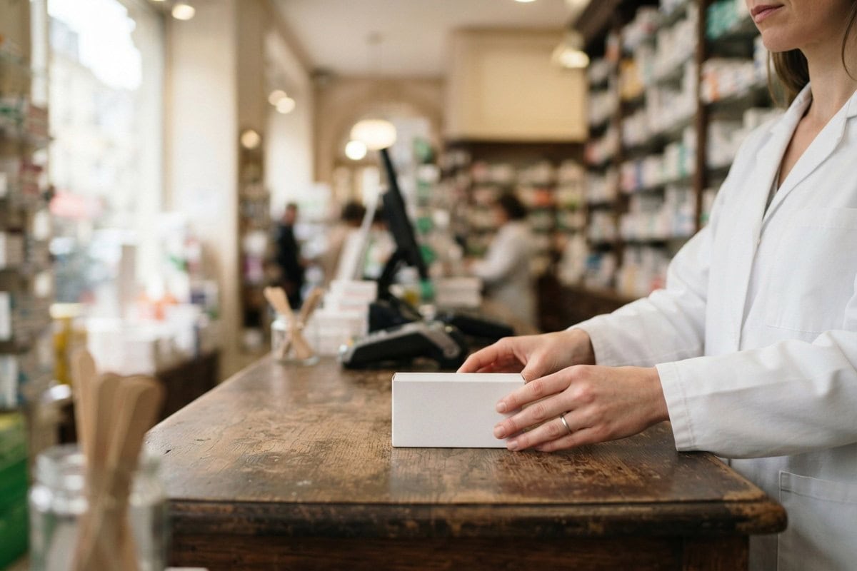 Une pharmacienne en blouse blanche pose une boîte blanche sans étiquette sur le comptoir en bois d'une officine.