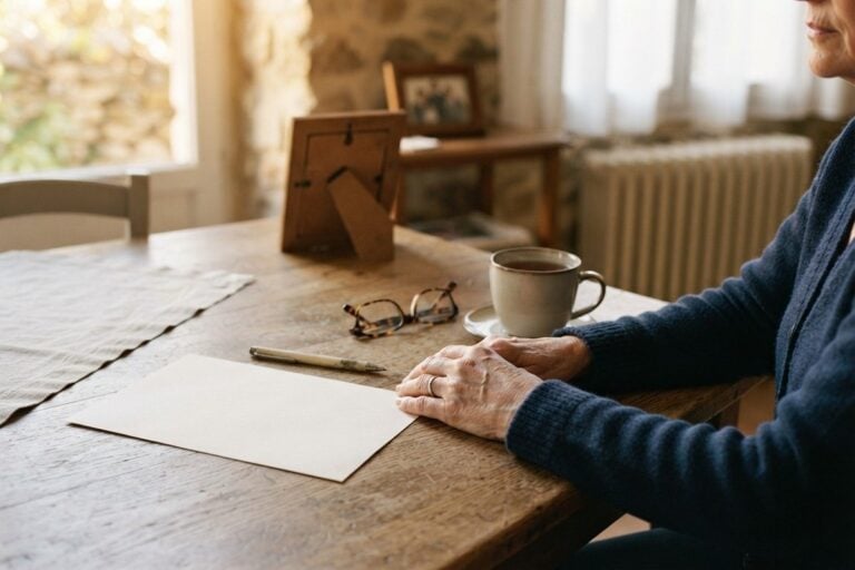 Mains d'une femme âgée posées sur une table en bois près d'une feuille vierge, d'un stylo et de lunettes