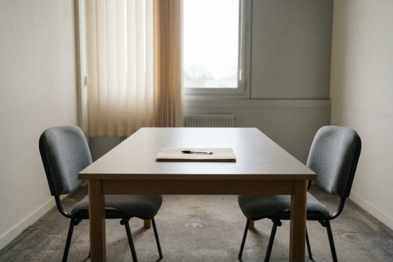 Deux chaises se faisant face autour d'une table de réunion, avec une chemise cartonnée vierge et un stylo