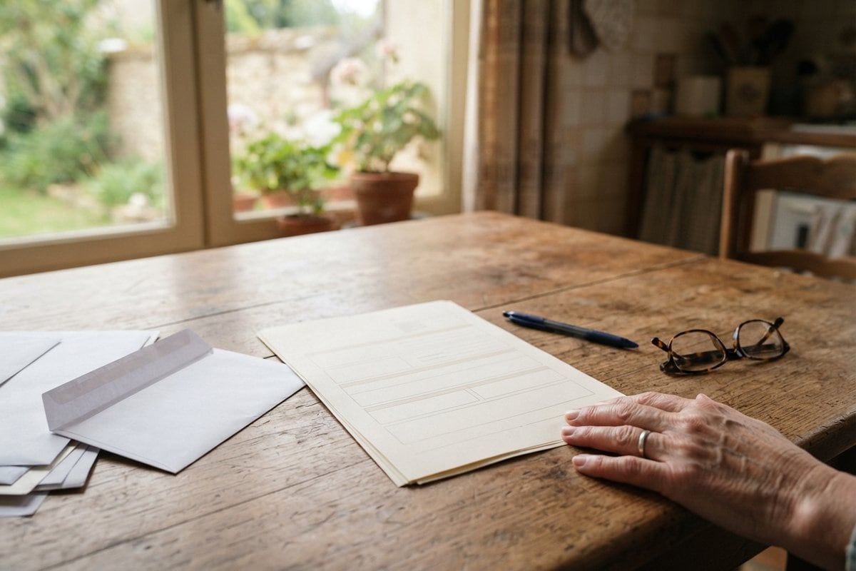 Un document imprimé sans mention, un stylo et des lunettes posés sur une table en bois, une main à côté