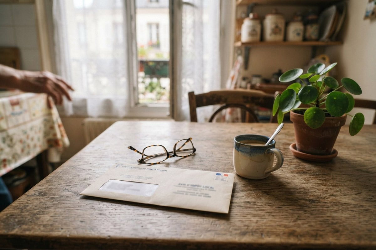 Enveloppe administrative, lunettes et tasse de café sur une table en bois dans une cuisine ancienne