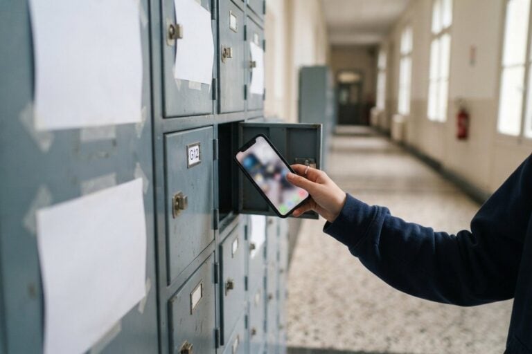 Main d'un adolescent déposant un smartphone dans un casier métallique ouvert, dans un couloir de lycée