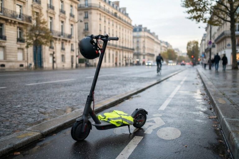 Trottinette électrique garée sur une piste cyclable, casque accroché au guidon et gilet jaune posé sur le plateau