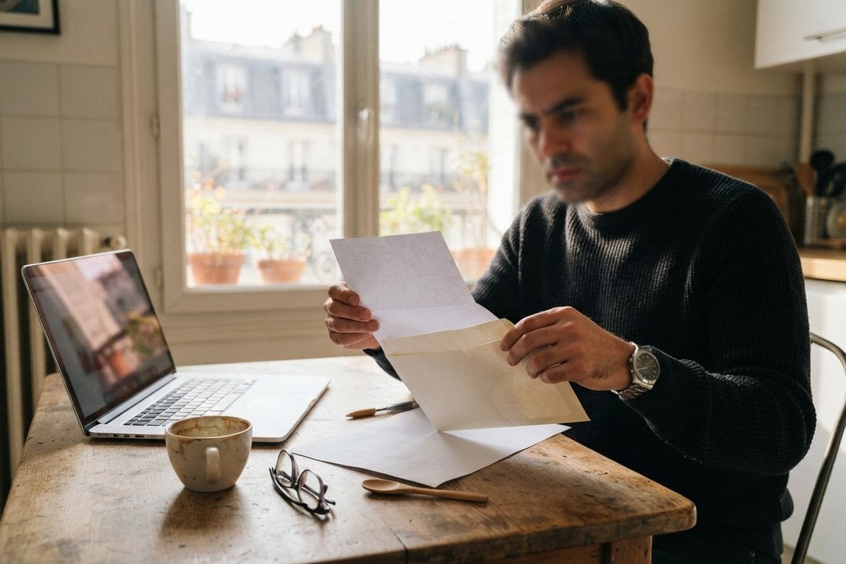 Un homme assis à une table de cuisine ouvre un courrier administratif, un ordinateur portable et une tasse à côté