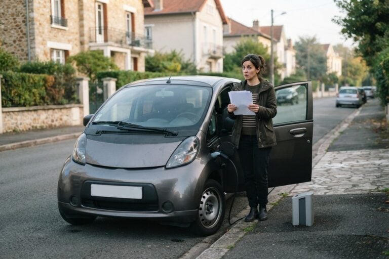 Petite voiture électrique grise en charge le long d'un trottoir, une femme debout à côté avec des documents