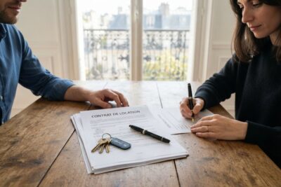 Contrat de location et trousseau de clés sur une table en bois, une femme signant un document face à un homme