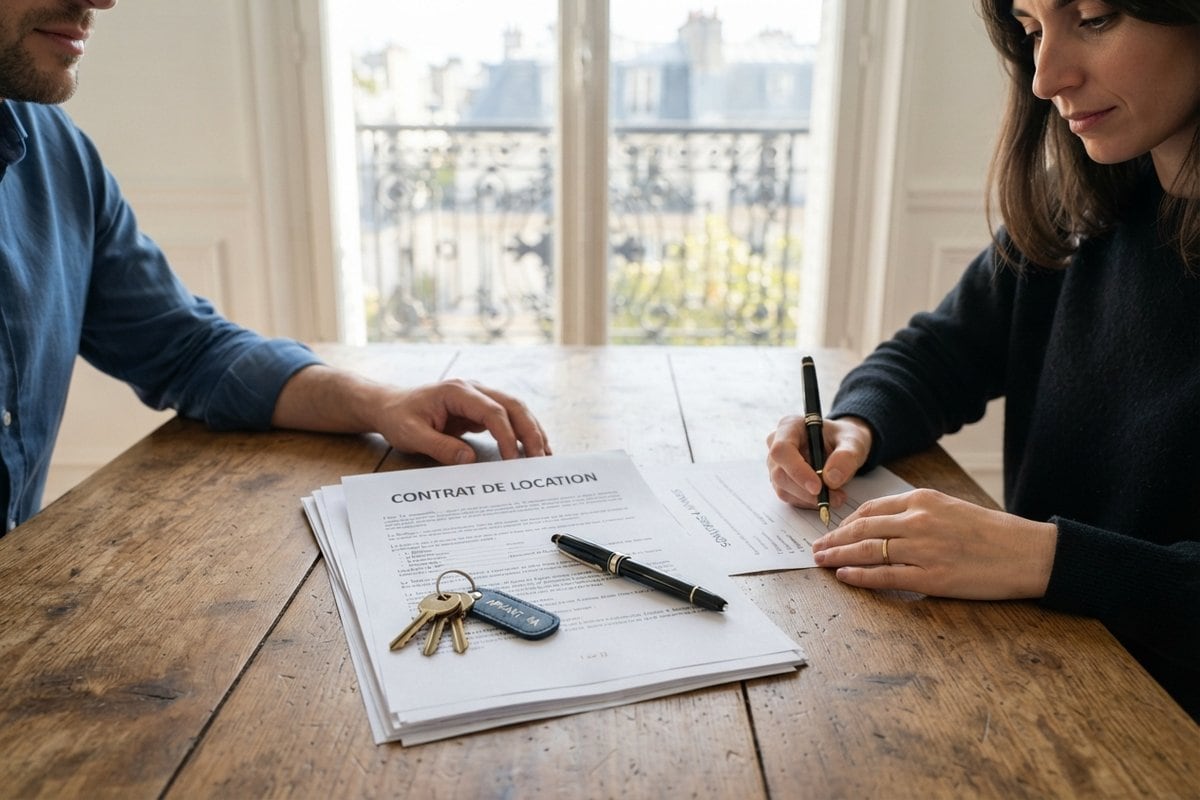 Contrat de location et trousseau de clés sur une table en bois, une femme signant un document face à un homme