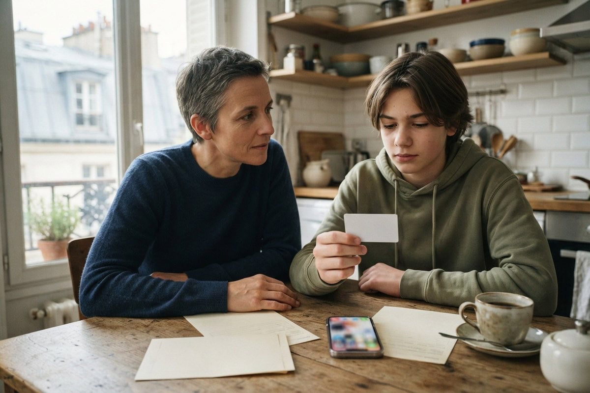 Une femme et un adolescent assis à une table de cuisine, l'adolescent tenant une carte plastique blanche.