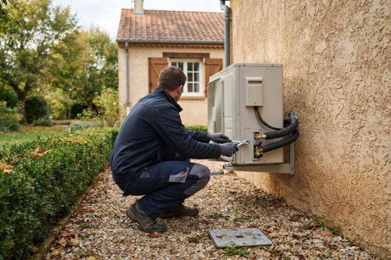 Un technicien accroupi raccorde l'unité extérieure d'une pompe à chaleur fixée au mur d'une maison