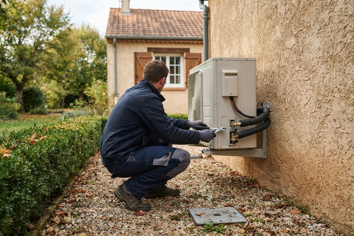 Un technicien accroupi raccorde l'unité extérieure d'une pompe à chaleur fixée au mur d'une maison