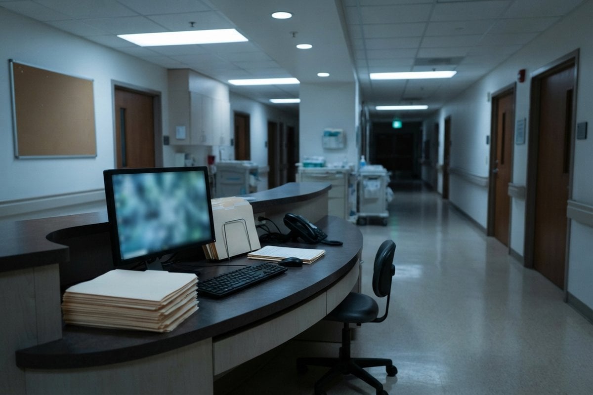 Poste de soins désert d'un hôpital, avec un écran allumé, un clavier et des dossiers papier empilés sur le comptoir