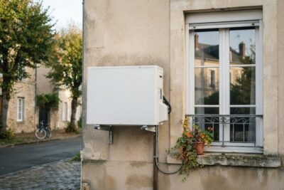 Unité extérieure de pompe à chaleur fixée sur la façade d'une maison ancienne, près d'une fenêtre à garde-corps