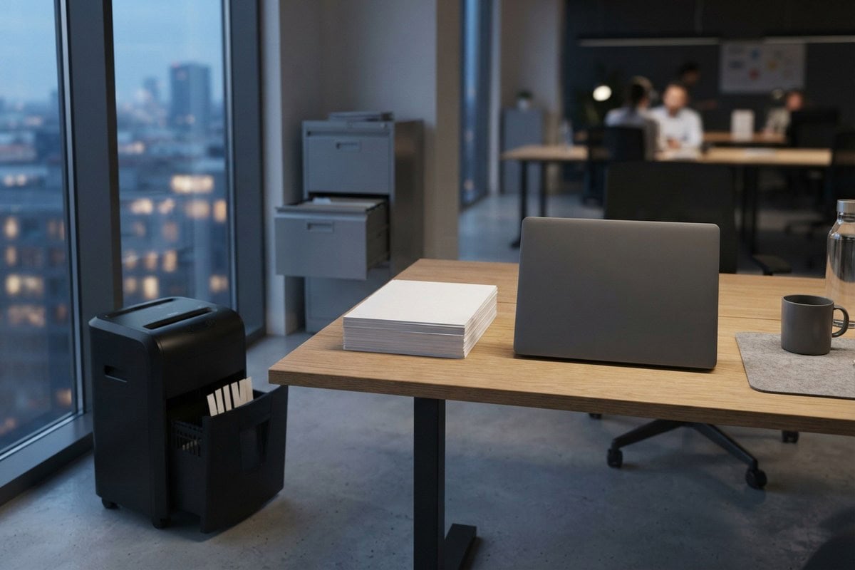 Bureau de nuit avec une pile de feuilles vierges, un ordinateur portable ouvert et un broyeur de documents au sol