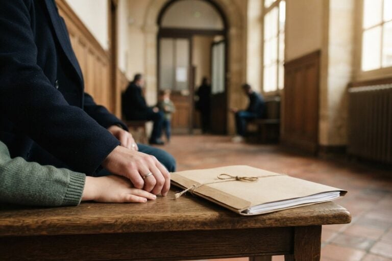 Main d'un enfant posée sur celle d'un adulte, près d'un dossier ficelé, dans un couloir de palais de justice.