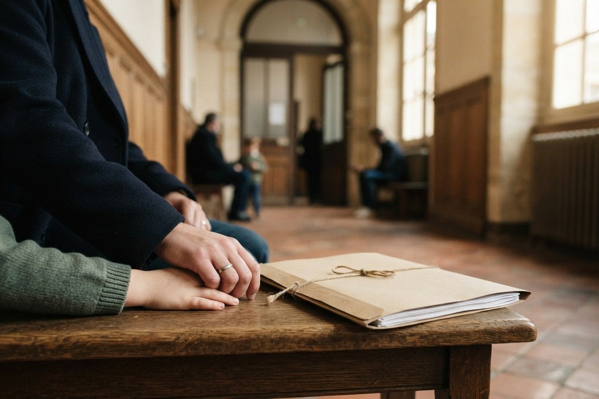 Main d'un enfant posée sur celle d'un adulte, près d'un dossier ficelé, dans un couloir de palais de justice.