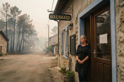Boulangère en tablier adossée à la porte de sa boutique fermée, pinède brûlée et fumée au bout de la rue