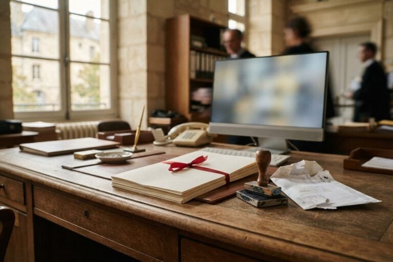 Bureau en bois d'un greffe avec un dossier de feuilles vierges noué d'un ruban rouge et un tampon encreur