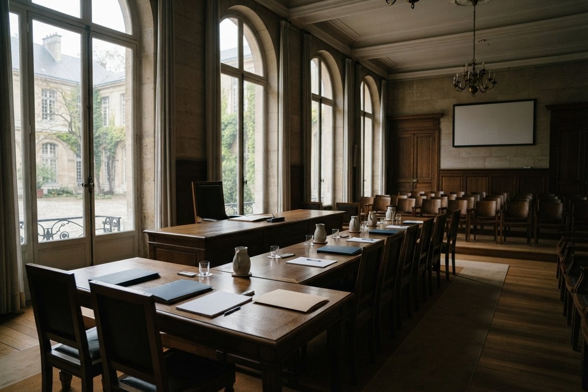 Salle institutionnelle vide, longues tables en bois avec dossiers et feuilles vierges, chaises alignées