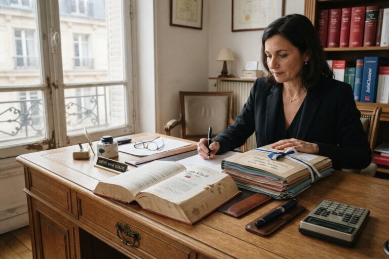 Une professionnelle du droit écrit à son bureau, le code civil ouvert et une pile de dossiers reliés