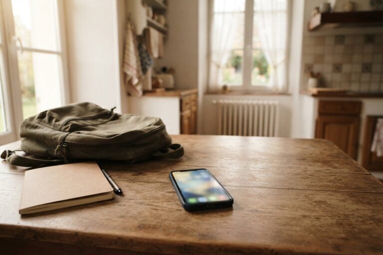Téléphone à l'écran flou posé sur une table en bois, à côté d'un carnet et d'un sac à dos, dans une cuisine claire